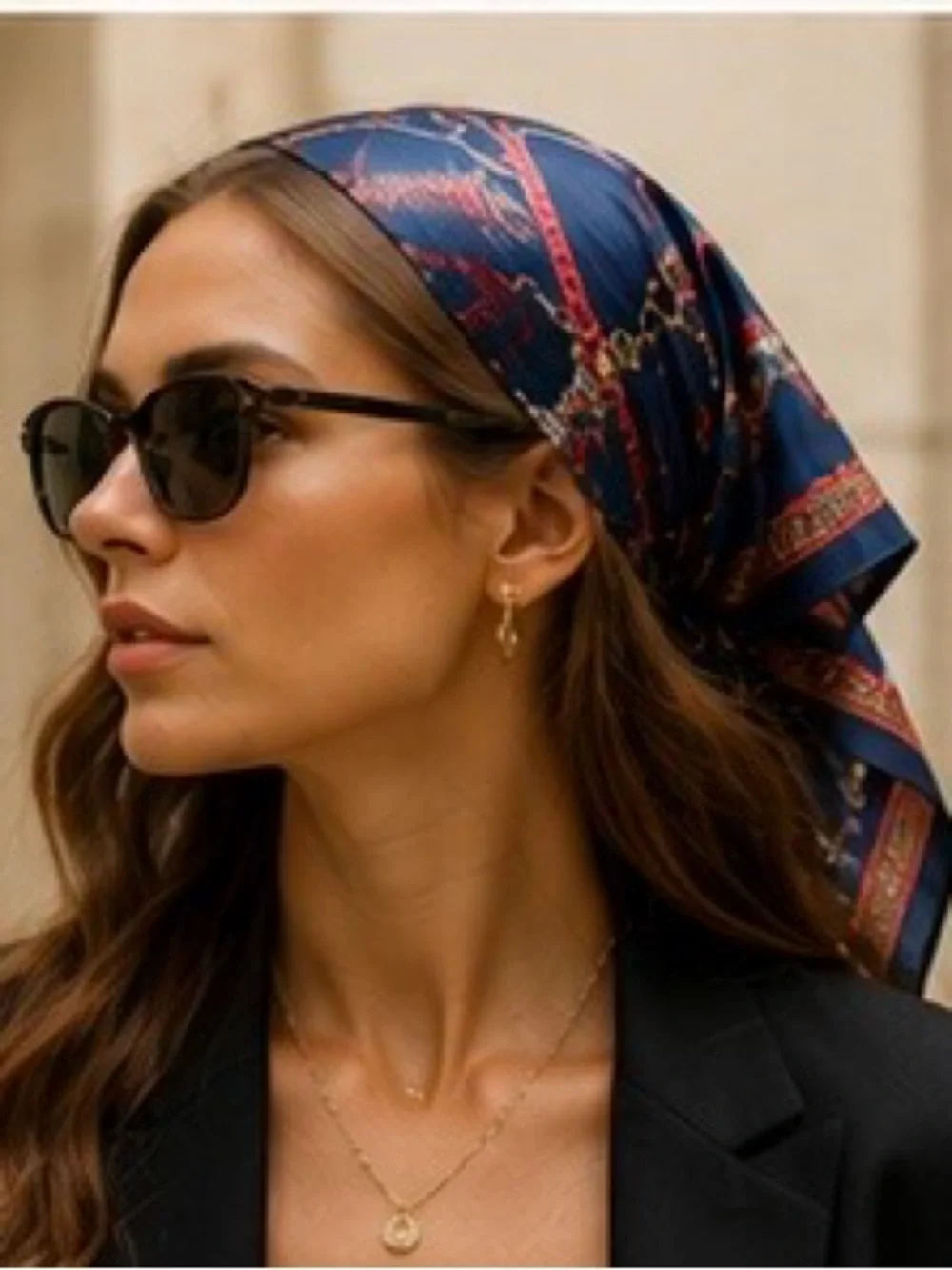 Silk-Feel Navy Patterned Headscarf – Women Accessories